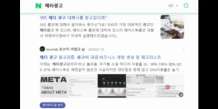 메타 광고 관련 정보가 흐릿하게 뒤섞인 검색 결과 화면