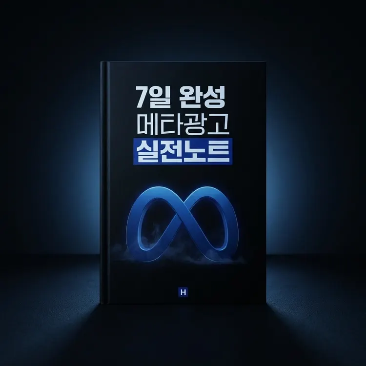네이비 톤 배경의 7일 완성 메타 광고 실전노트 책 표지