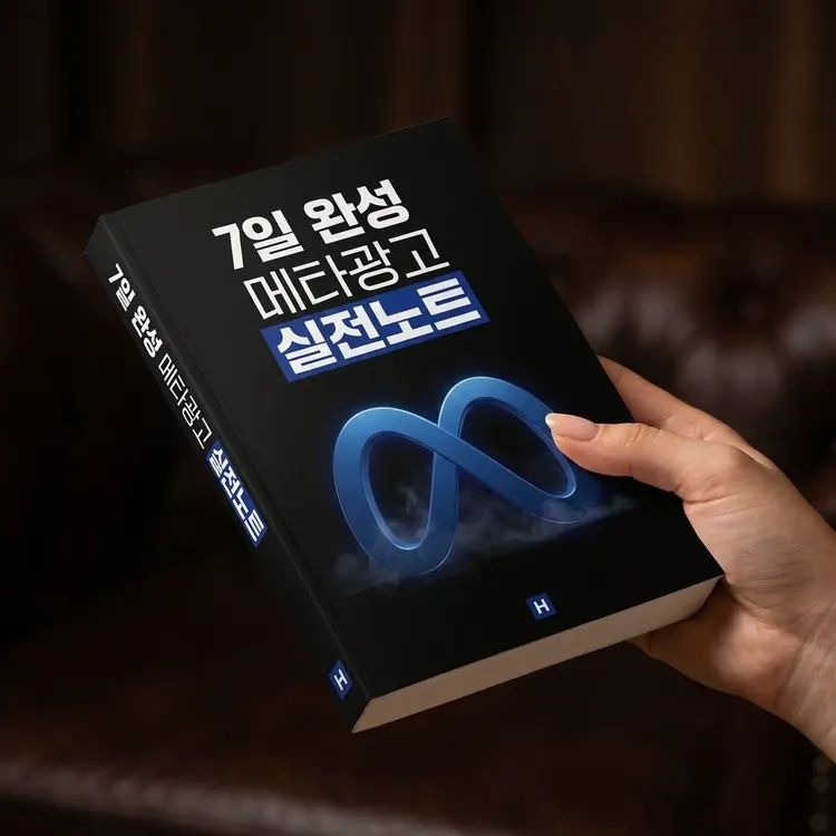 손으로 들고 있는 7일 완성 메타 광고 실전노트 책 표지